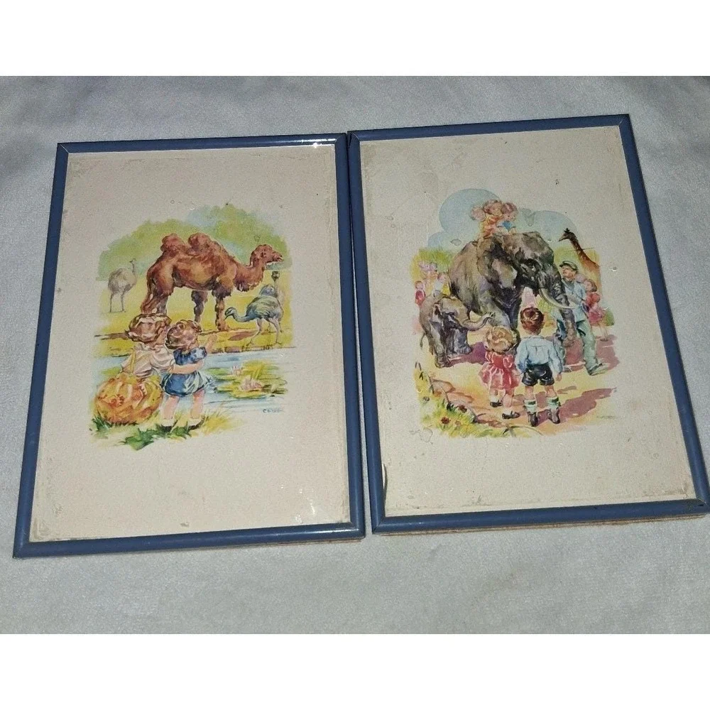 Vintage Pair 5x7 Children's Zoo Animal Prints Blue Metal Frames Camel Elephant